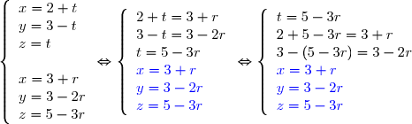   \left\lbrace\begin{array}l x=2+t\\y=3-t\\z=t\\\\ x=3+r \\y=3-2r\\z=5-3r \end{array}\Leftrightarrow \left\lbrace\begin{array}l 2+t=3+r\\3-t=3-2r\\t=5-3r\\\blue{x=3+r}\\\blue{y=3-2r}\\\blue{z=5-3r}\end{array}\Leftrightarrow \left\lbrace\begin{array}l t=5-3r\\2+5-3r=3+r\\3-(5-3r)=3-2r\\\blue{x=3+r}\\\blue{y=3-2r}\\\blue{z=5-3r}\end{array}